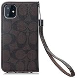 Flip Case for iPhone 13 Pro Max with Card Holder, Luxury Stylish Monogram Magnetic Shockproof Leather Flip Cover Case with Wrist Lanyard for Apple iPhone 13 Pro Max 6.7 inch 2021 Release Dark Brown