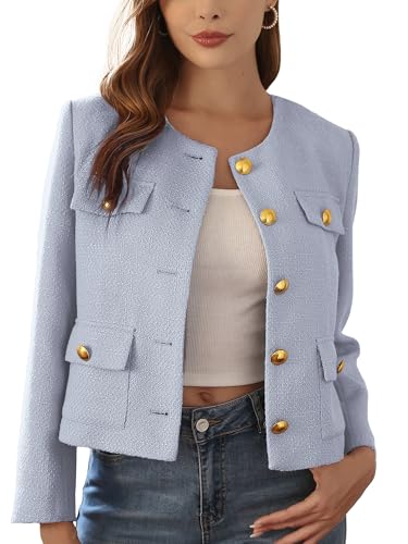 M.Infisavo 2025 Women Tweed Jacket Cropped Blazers Spring Summer Elegant Round Neck Pockets Business Casual Outfit, Light Blue, Medium