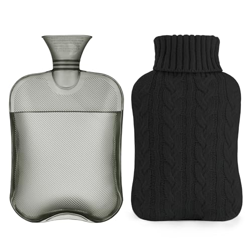 samply Hot Water Bottle with Knitted Cover, 2L Hot Water Bag for Hot and Cold Compress, Hand Feet Warmer, Ideal for Menstrual Cramps, Neck and Shoulder Pain Relief,Black