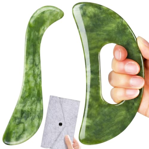 2 PCS Jade Stone Gua Sha Massage Tool, Large Guasha Muscle Scraper Tools Set with Handle Muscle Scraping Massage Tools S Shaped Anti Cellulite Spa Acupuncture Tools for Lymphatic Drainage