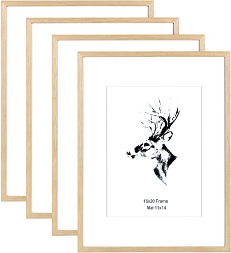 Yaetm 16x20 Picture Frame Matted to 11x14 Set of 4, Natural Solid Oak Wood 16x20 Frame for Gallery Wall, Photos, Posters & Art Prints, Horizontal and Vertical Wall Mount (4 pack, Oak)