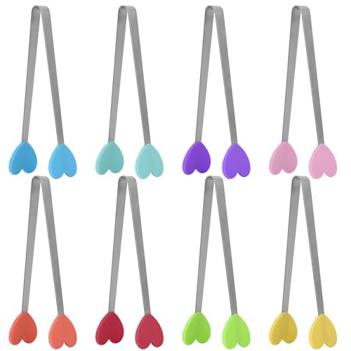 neheewin 5.5 Inch Heart Shape Silicone Small Tongs, 8 Pcs - Kids Serving Tongs for Food, Cooking, Appetizers, Ice Cube, Fruits, Sugar