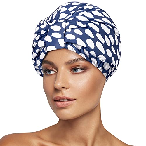 INNELO Luxury Shower Cap for Women Reusable Waterproof, Double Layered Shower Hair Cap with Adjustable Elastic Strap, Large Satin Lined Shower Bath Cap for Long Curly Straight Hair, Blue