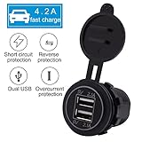 [5 Pack] 12V USB Outlet, Dual USB Quick Charger Socket Waterproof Power Outlet 12V/24V 2.1A & 2.1A for Car Golf Cart Boat Marine Bus Truck RV Marine Motorcycle, Blue LED