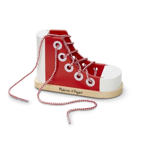 Melissa & Doug Deluxe Wood Lacing Sneaker - Learn to Tie a Shoe Educational Toy - Shoe Tying Practice For Kids, Developmental Toys For Preschoolers And Toddlers,Red