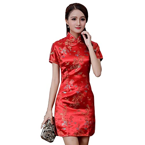 Cheongsam Dress for Women Qipao Slim Fit Short Sleeve Bodycon Mandarin Collar Side Slit Chinese Floral Print Dragon Dress (as1, Alpha, s, Regular, Regular, Red Dragon)