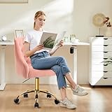 MOJAY Velvet Office Swivel Chair, Vanity Chair, Fabric Desk Chair, Pretty Fancy Chair, Gold Office Chair for Girls, 360°Swivel Height Adjustable Reception Chair (Pink)