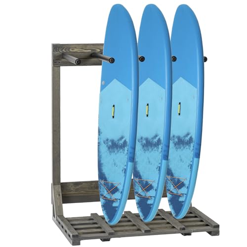 MyGift 4-Ft Tall Freestanding Vertical Surfboard Rack, Weathered Vintage Gray Wood Wakeboard SUP Paddleboard Storage Stand - Holds up to 4 Boards