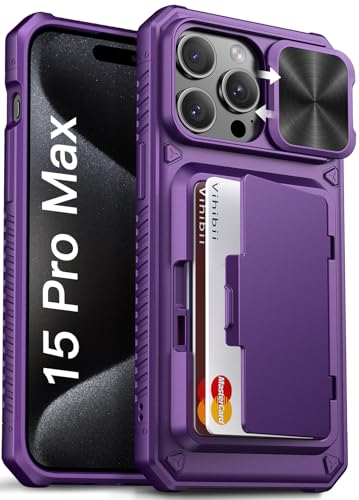 Vihibii for iPhone 15 Pro Max Wallet Case with Card Holder (4 Cards) & Slide Camera Cover & Kickstand, Raised Edges Protect Screen, Rugged Hard Back Cover for iPhone 15 Pro Max, 6.7" 2023, Dark Purple