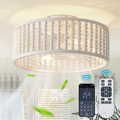 FKZNPJ Caged Ceiling Fan with Light and Remote & App for Nursery Enclosed Chandelier Ceiling Fans for Kids Bunk Bed Flush Mount Fandelier for Low Profile Ceilings, Bulbs Included 20 Inch Off-White