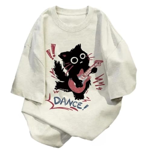 Harajuku Oversized Shirts Goth Punk Cat Print Tees Summer Streetwear Casual Baggy Tshirts Y2k Tee Tops (Grey,Small)