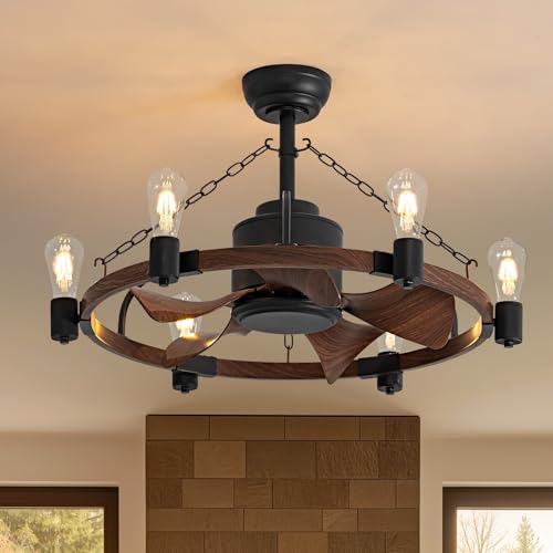 LUDOMIDE Ceiling Fan with Light, 28” Rustic Chandelier Ceiling Fan with Remote Control, Farmhouse Caged Ceiling Fan with Lights for Bedroom, Kitchen, Living Room, Dining Room