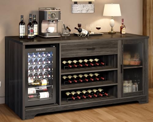 HSH Coffee Bar Cabinet with Wine Mini Fridge Space, Farmhouse Large Liquor Cooler Cabinets with Drawer Storage Rack, Modern Wood Metal Big Long Sideboard Buffet for Kitchen Dining Room, Gray, 70 Inch