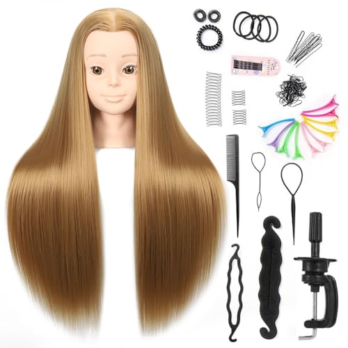 Headdoll 26"-28" Mannequin Head Styling Mannequin Head for Hair Styling and Free Table Stand Training Head Manikin Cosmetology Doll Head with Long Fiber Hair Hairdresser Practice Head for Stylist