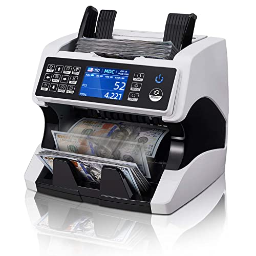 MUNBYN IMC01 Bank Grade Money Counter Machine Mixed Denomination, 2CIS/UV/IR/MG/MT Counterfeit Detection, Serial Number, MUL Currency Cash Counter, Printer Compatible Bill Value Counter (White)