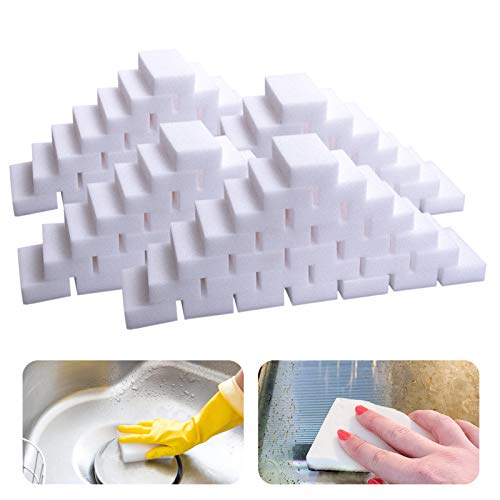 Magic Sponge Eraser, 100 Pack Melamine Foam Bulk Sponge Sheets - Bathroom, Oven, Shower, Glass, Dishes, Stove Top, Kitchen Sinks, Bathtub, Wall Tile, Baseboard Cleaner - White, Not Easily Rip