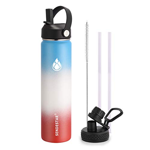 SENDESTAR Water Bottle 24oz Double Wall Vacuum Insulated Leak Proof Stainless Steel Sports Water Bottle—Wide Mouth with New Flex Straw Lid & Spout Lid (Sweet Candy)