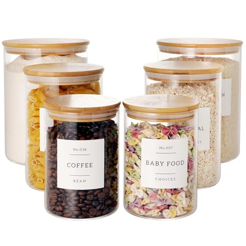 CZZGSM Set of 6 Glass Flour and Sugar jars with 132 Kitchen Pantry Labels - Thicken Large Glass Storage containers with Airtight Bamboo Lid - Glass Rice Canisters for Salt Coffee(100OZ/54OZ/27OZ)