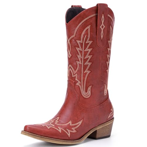 Rivalran Red Cowboy Boots for Women - Cowgirl Boots with Embroidery, Chunky Heel Pointed Toe Pull-on Vintage Western Mid Calf Fashion Boots for Ladies US Size 9