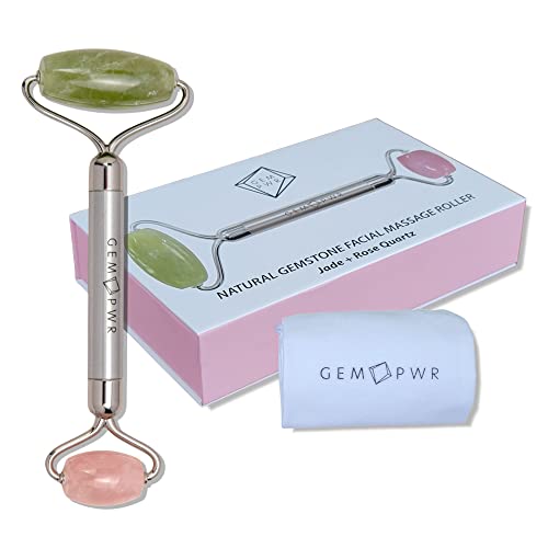 GEM PWR Rose Quartz + Jade Roller for Face and Neck Massage, Dual Gemstones with Durable Steel Handle and Travel Bag. Minimize Wrinkles, Reduce Puffiness and Restore Skin's Elasticity and Radiance