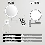 360° Rotation Adjustable 10x Large Wall Mounted Makeup Mirrror, Height Adjustable Lighted Mirror, 8" Double Sided Mirror, 1X/10X Magnifying Bathroom Mirror, Detachable Ring, 3 Color Lights