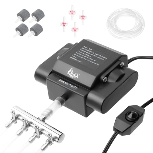 AQQA Powerful Aquarium Air Pump Adjustable Fish Oxygen Aerator Pump for Basement Aquarium Ponds Hydroponic 4 Outlets Commercial Air Pump Bubbler with Accessories for Fish Tank Up to 600Gal(10W,237GPH)