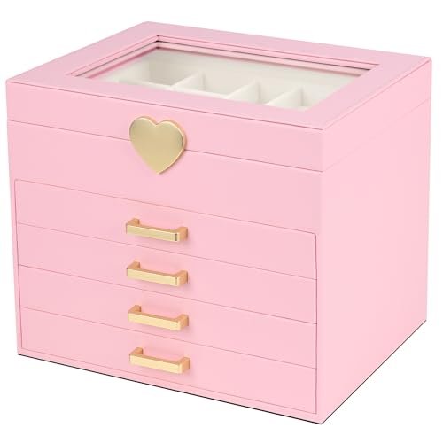 Kendal Jewelry Box, 5-Layer Jewelry Organizer Box with Glass Lid, Pink, Heart Shaped PU Leather, Storage Box for Necklace Earrings Rings Bracelets, Gift Idea for Girls LJC4DRPK