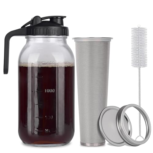 Cold Brew Mason Jar iced Coffee Maker, Durable Glass, - 64 oz (2 Quart / 1.9 Liter), With Handle& Stainless Steel Filter for Iced Brew Coffee, Lemonade, Ice Tea, Homemade Fruit Drinks Container