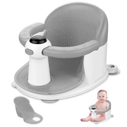 TOSGN Baby Bath Seat for Babies 6 Months & up, Water Temperature Display+Soft Cushion, Non-Slip Toddler Bath Seat for Baby, Sit Up Bath Seat for Baby, Grey