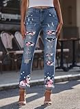 EVALESS Ripped Jeans for Women Fashion Patchwork Rainbow Print Distressed Denim Pants with Hole Sky Blue XX-Large