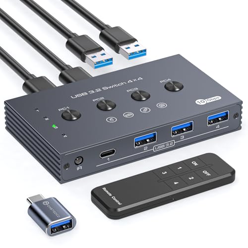 USB 3.2 Switch Selector 4 Computers Share 1 USBC & 3 USBA Devices 10Gbps 4 Port USB Switcher Sharing Keyboard Mouse Printer Scanner with Cable and Remote Control and a dapter
