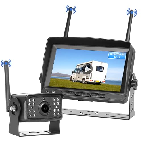 TURRIDU Backup Camera No Wiring, Waterproof 120 Wide-Angle with 7" IPS 1024x600 IPS Monitor, Night Vision for RV Truck 5th Wheel Camper Bus
