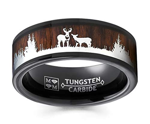 Metal Masters Men's Co. Black Tungsten Hunting Ring Wedding Band Wood Inlay Deer Stag Silhouette 9.5
