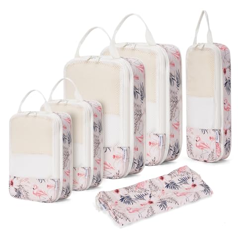 Narwey 6 Set Compression Packing Cubes Travel for Carry on Women, Packing Organizers Bag for Backpack Luggage Suitcase Duffle Bags (Beige Flamingo)