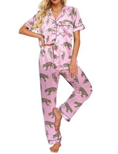 Ekouaer Silk Satin Pajamas Set Floral Print Button Down Pjs Soft Loungewear Pink Leopard Print Medium