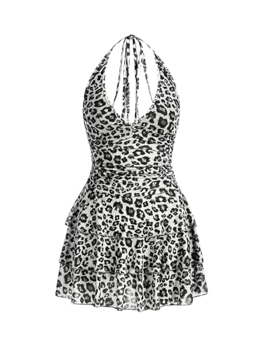 BEAUDRM Women's Y2K Leopard Print Halter Dress Sexy Ruched Tie Backless Tiered Layer Mini Dresses Cheetah Mesh Ruffle Dress Black and White Small