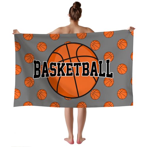 WZOMT Basketball Beach Towel for Boys, Microfiber Basketball Towel for Beach Pool Swim Bathroom, Quick Dry Sand-Free Funny Basketball on Grey Sports Balls Bath Towels, Oversized 32x52 Inch