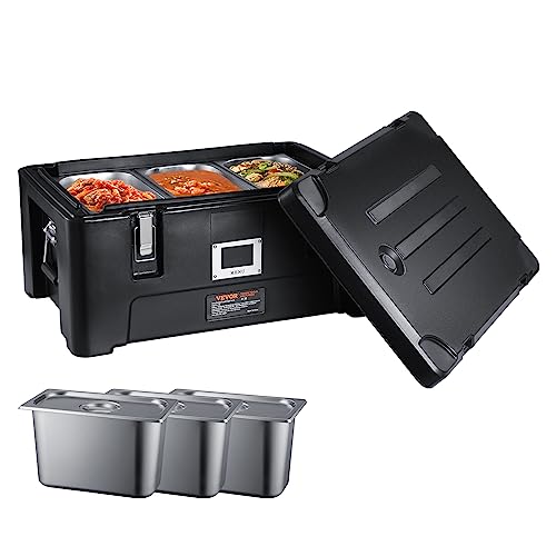 VEVOR Insulated Food Pan Carrier, 36Qt Capacity, Stackable Hot Box for catering w/ 3 Stainless Steel Pans, Top Load LLDPE Food Warmer w/Elastic Side Handles and Buckles, for Restaurant Canteen, Black