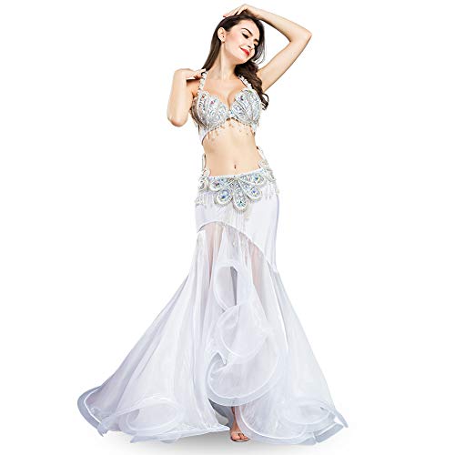 ROYAL SMEELA Belly Dance Costume for Women Belly Dance Bra Belt Set Belly Dancing Skirt Mermaid Professional Carnival Outfits White