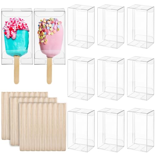 Hacaroa 300 Pieces Clear Popsicle Cakesicle Box Set, 150 Pcs PET Ice Cream Boxes with 150 Pcs Wooden Sticks, 3.7x 2.2x1.5 Inches Candy Treat Box for Wedding, Baby Shower, Kids Birthday Party