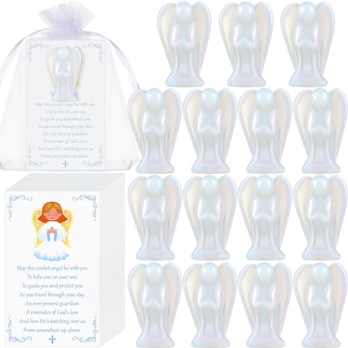 15 Set 45 Pcs Crystal Angel Figurines Bulk 1.5 Inch Guardian Pocket Healing Statue Mini Gemstones Carved Stones With Cards Organza Bags for Faith Peace Gifts Home Decor