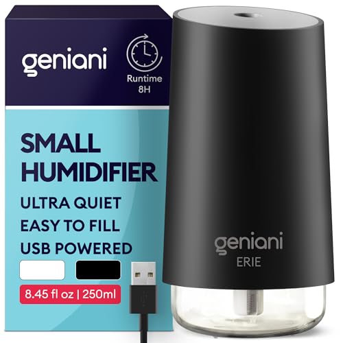 GENIANI Portable Small Cool Mist Humidifiers - Desktop Humidifier for Plants, Office, Car, Baby Room with Auto Shut Off & Night Light (White, 0.25L, USB)