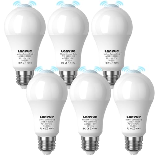 lanyue Motion Sensor Light Bulb,Activated Detector Light Bulb Indoor,Dusk to Dawn Security Bulb,13W Equivalent 100W,E26 Base 6000K Daylight,6 Packs