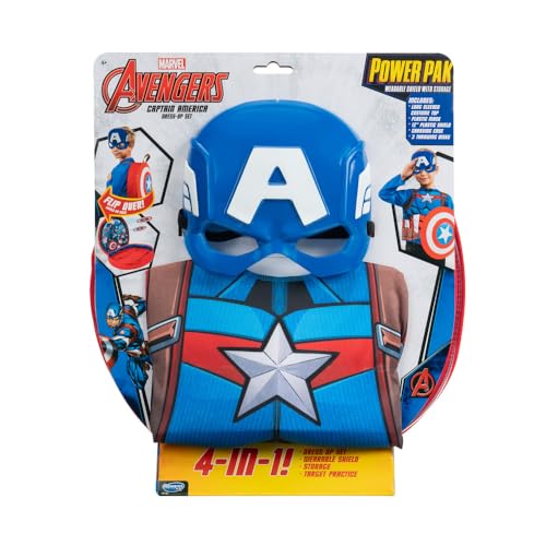 Marvel Captain America PowerPak - Backpack with Plastic Shield, Throwing (Size Small) Discs, Costume Top, and Plastic Mask Multi