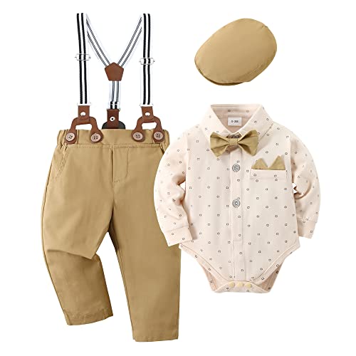 YALLET Baby Boys Clothes, Long Sleeves Dress Shirt and Suspender Khaki Pants Set + Beret Hat Tuxedo Gentlemen Outfit with Bow Tie for Newborn Toddlers Baby Boys Beige 0-3 Months