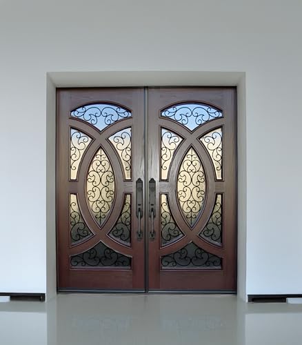 72" x 80" Environment Damage Resistant Polyurethane Composite Exterior Entry House Front Door, Openable Tempered Rain Glass Window, Right-Hand Double Door Inward Swing Dark Walnut AR06W