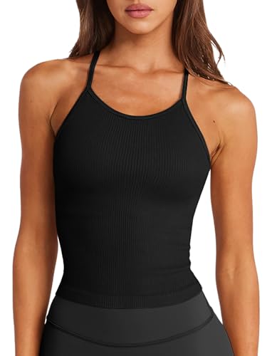 LASLULU Womens Sports Bra Workout Tank Tops Longline Padded Medium Support Running Gym Camis Crop Tank Tops with Built in Bras(Black X-Large)