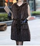 LVCOMEFF Women Genuine Knitted Mink Fur Long Vest with Hood with Belt (brown,Size XL (vest bust 110 cm))