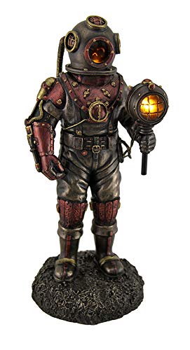 Veronese Design 10 5/8" Tall Steampunk Skeleton in Diving Suit Statue LED Lighting Diving Bell Statue Cold Cast Resin Antique Bronze Finish Sculpture