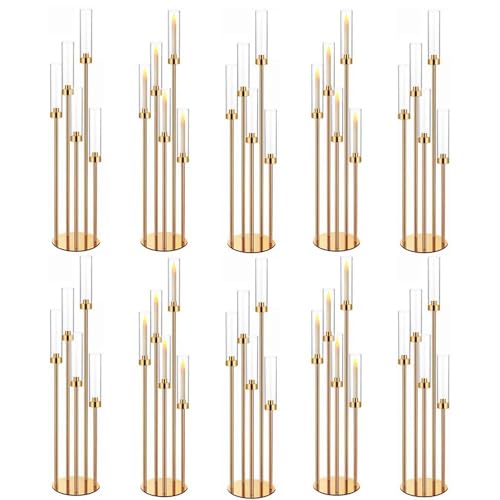 42.5in Gold Candelabra Centerpieces for Tables Candlestick Holders Decor Wedding Centerpiece Table Decorations 5 arm Candle Holder Set of 10 Acrylic lampshade Fit 0.9" LED Candle